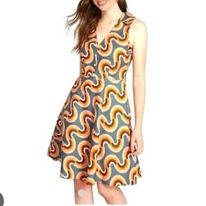 ModCloth Mod As Well Retro Rainbow Swirl Cotton Fit Flare Dress Pockets 10
